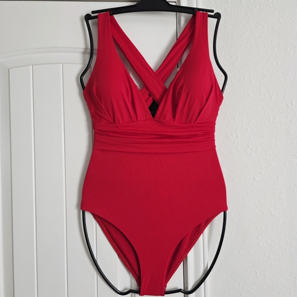 QINSEN Sexy V Neck One Piece Bathing Suit Cross Back High Waist Medium - Picture 5 of 10